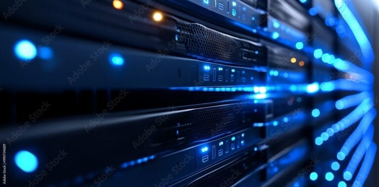Close up of glowing blue lights on server rack with blur effect.