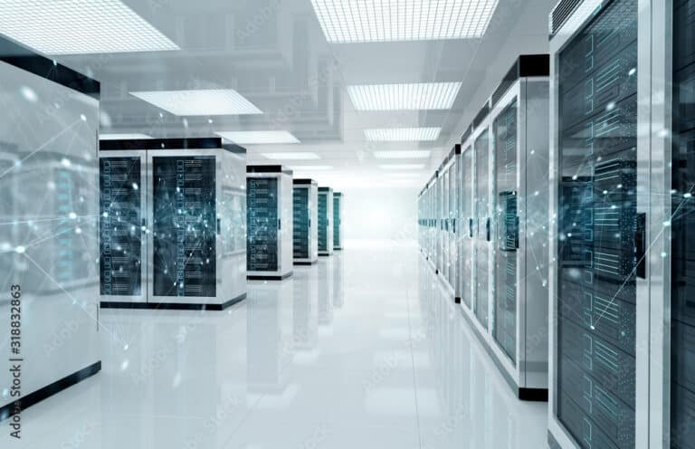 Connection network in servers data center room storage systems 3D rendering