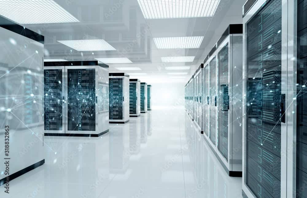 Connection network in servers data center room storage systems 3D rendering