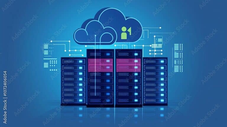 Network Engineer Cloud Server VM Cloud platform hosting multiple VMs, automated processing, no face, no body, flat design illustration